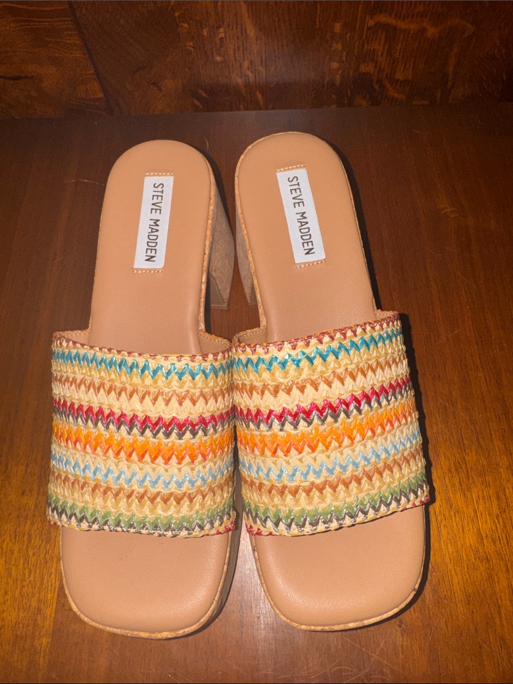 Steve Madden Multicolor Woven Strap Tan Slide Mules